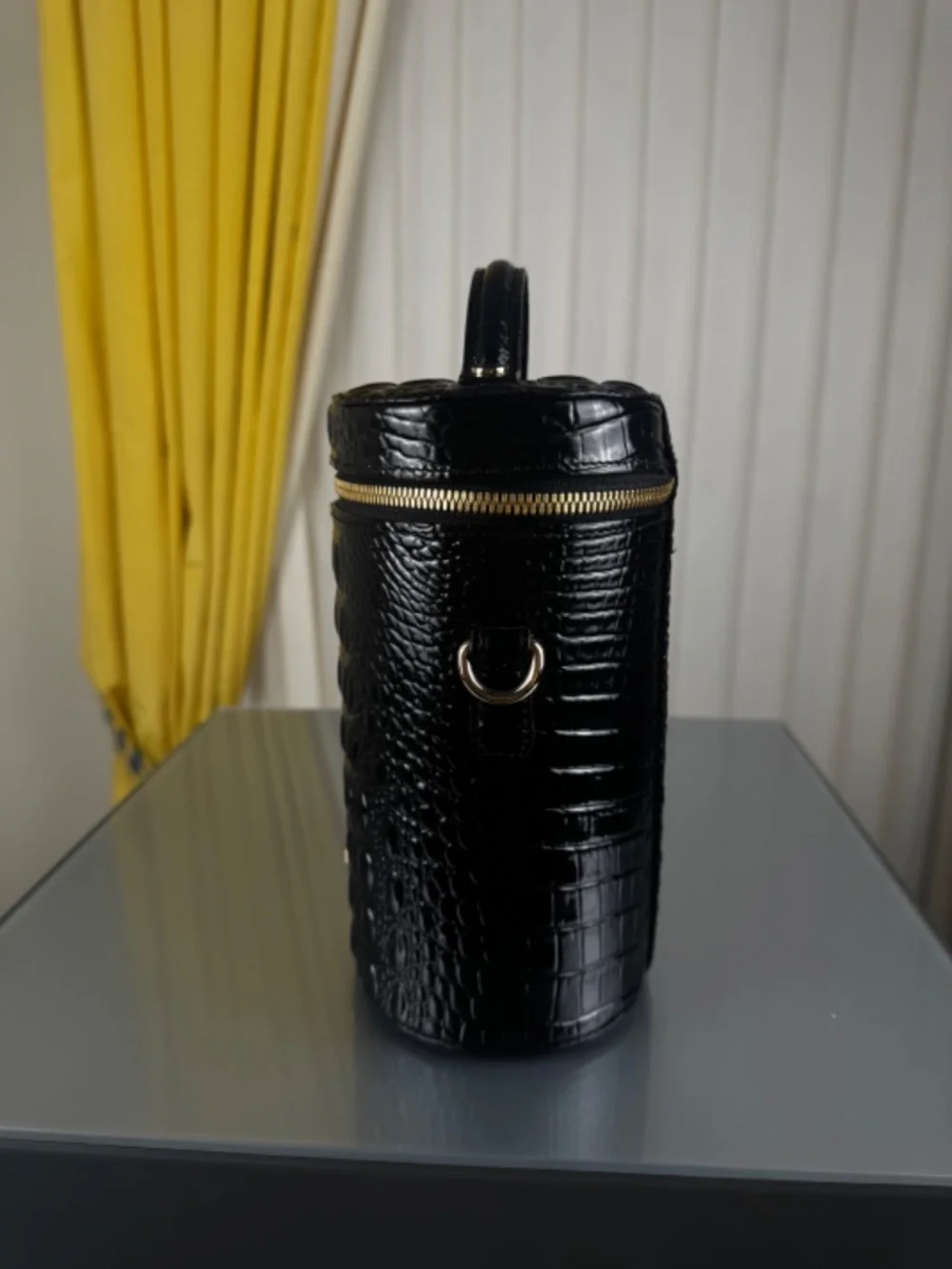 Brahmin Brynn Barrel bag-Black Melbourne crocodile embossed leather